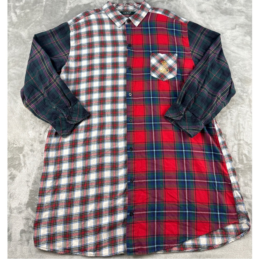 Lauren Ralph Lauren Button-Down Womens XL Plaid Multi Colorblock Crest EUC